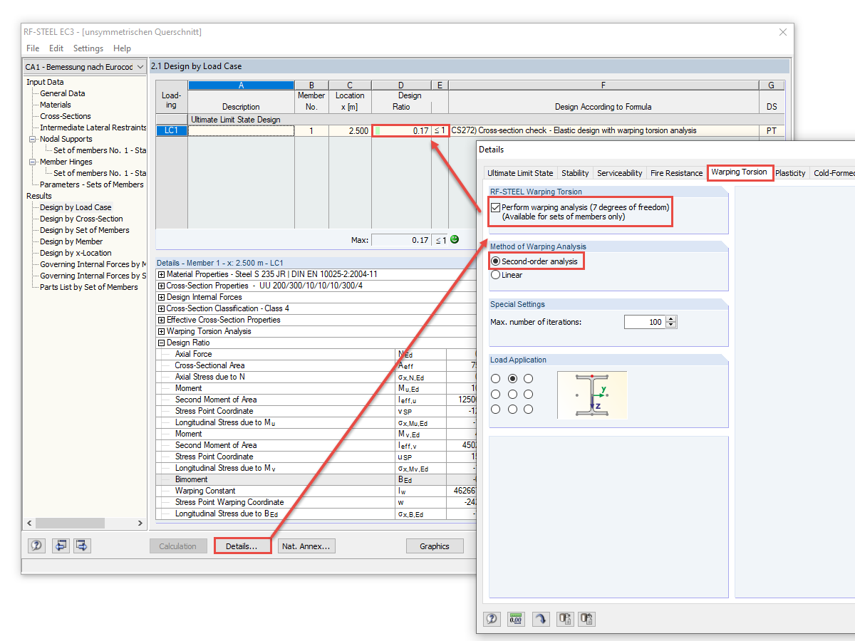 Performing Stability Analysis According to Second-Order Analysis as Cross-Section Check with STEEL Warping Torsion