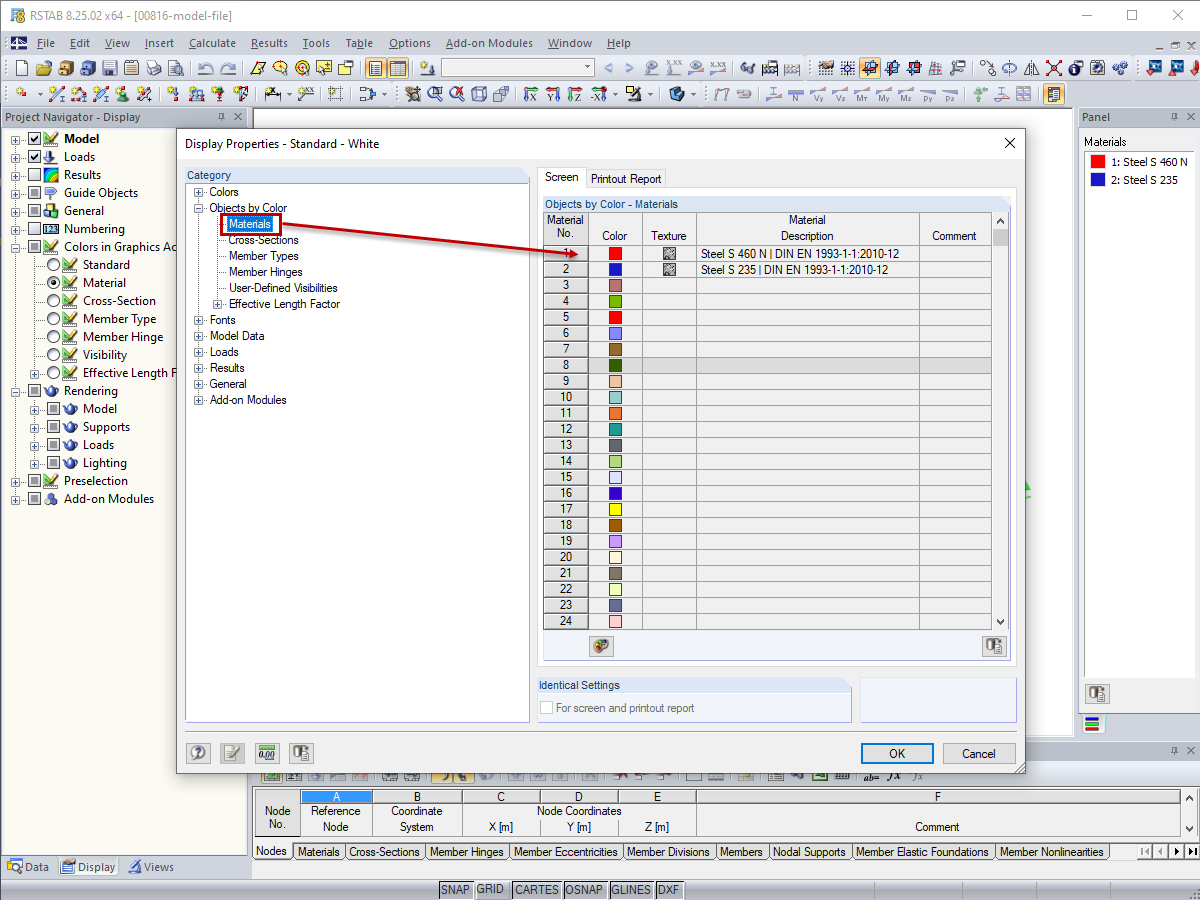 Modifying Colors for Materials in Display Properties