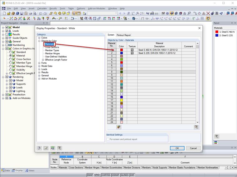 Modifying Colors for Materials in Display Properties