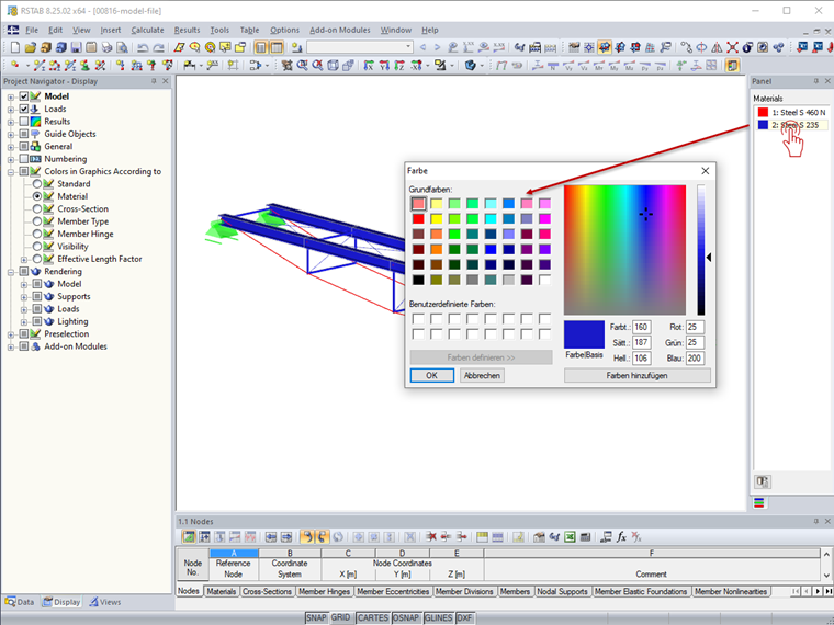 Modifying Colors for Materials in Panel