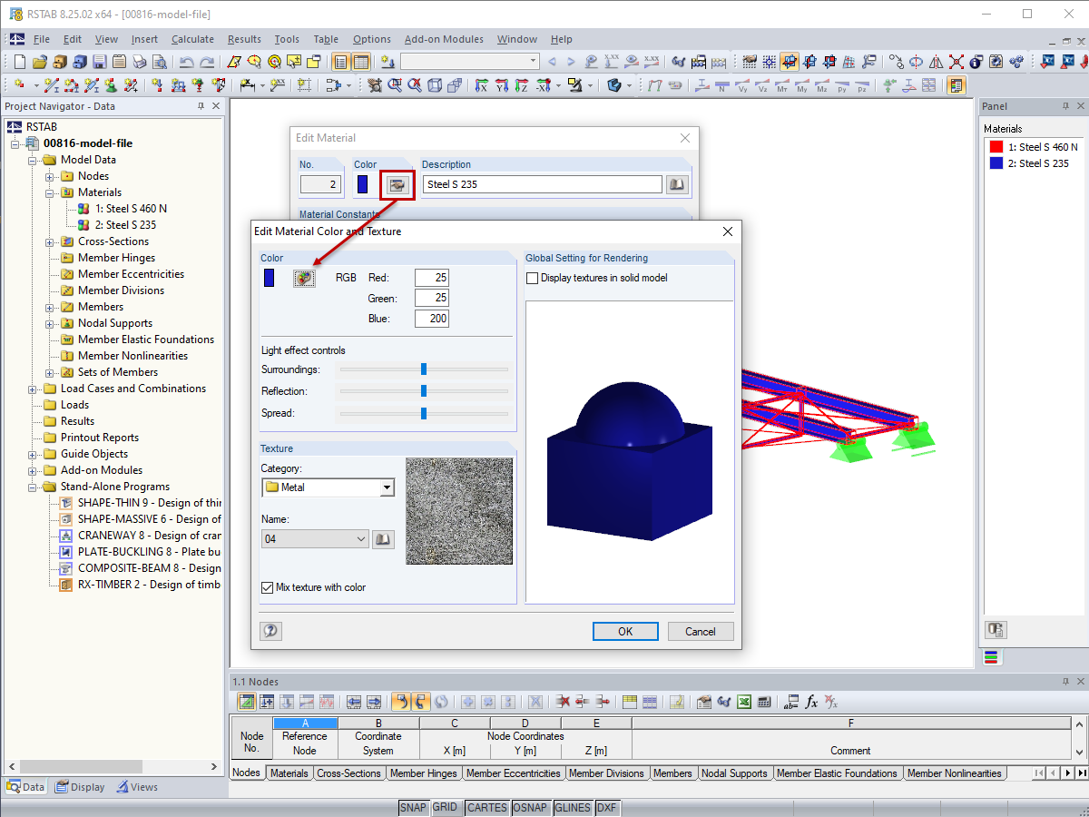 Modifying Colors for Materials in Dialog Box Edit Material 
