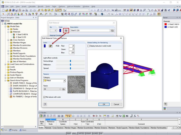 Modifying Colors for Materials in Dialog Box Edit Material 