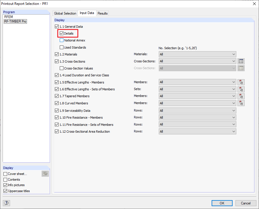 Printout Report Selection - Input Data