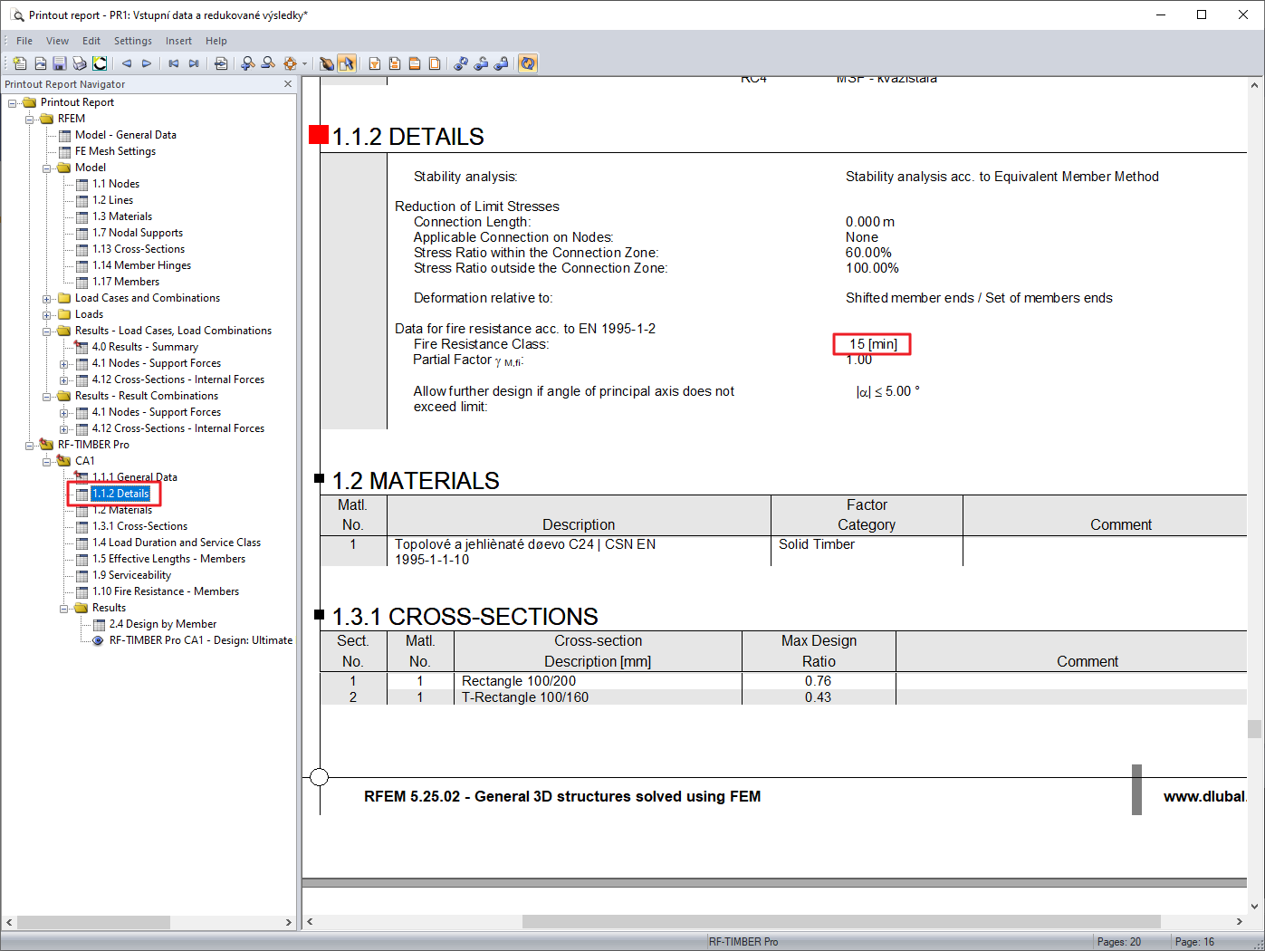 Fire Resistance Class in Printout Report