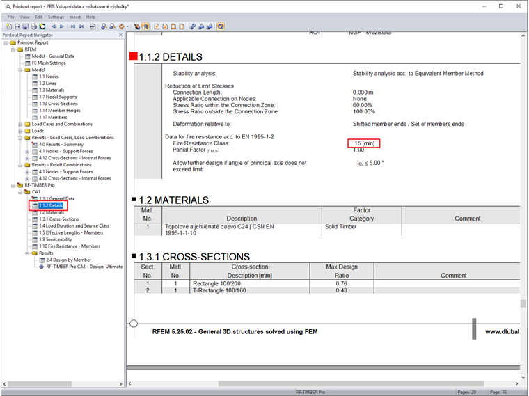 Fire Resistance Class in Printout Report