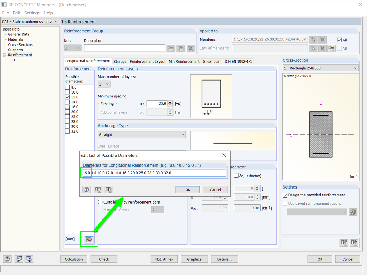 FAQ 005016 | How can I select a diameter of rebars that is not available in the list of possible diameters for the design of reinforced concrete beam structures?