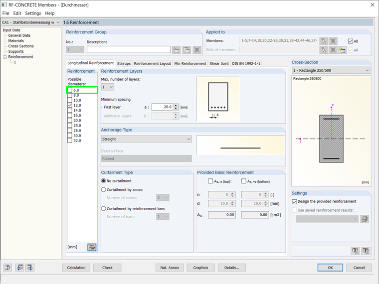 FAQ 005016 | How can I select a diameter of rebars that is not available in the list of possible diameters for a design of reinforced concrete beam structures? 