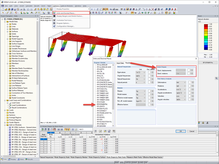 FAQ 005019 | How can I adjust the number of decimal places in the standardized table values of a mode shape?