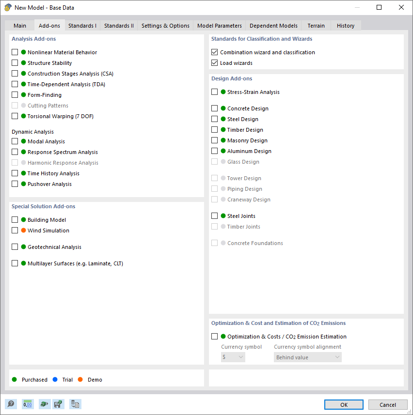 Tab "Add-ons" with Functions for Analysis and Design