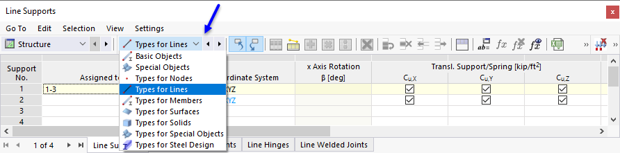 Table "Line Supports" with List of Subcategories