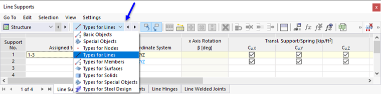Table "Line Supports" with List of Subcategories