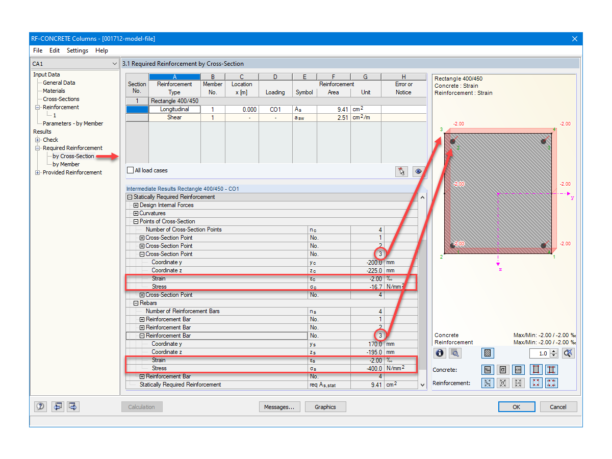 Display of Provided Stresses and Strains in RF-CONCRETE Columns