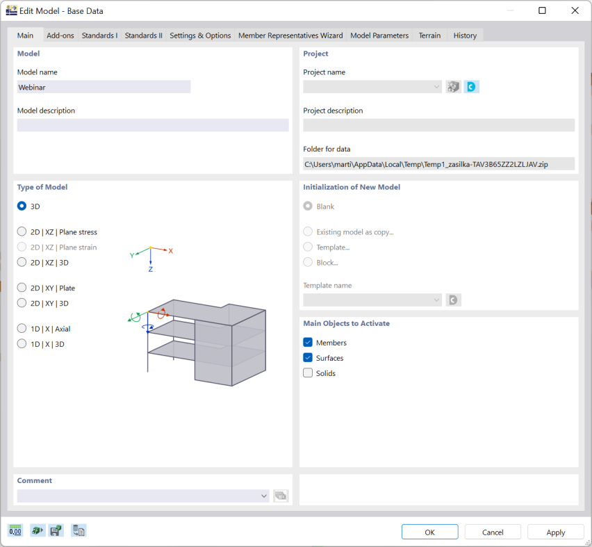 Selecting Model Types 1D, 2D, and 3D in Base Data