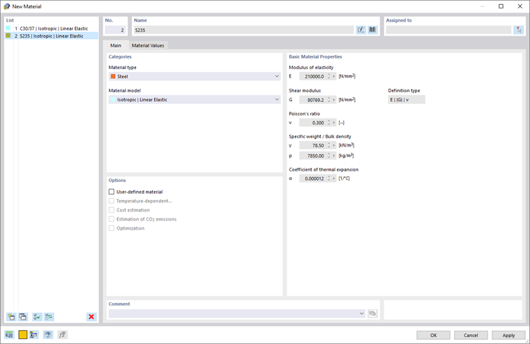 Concrete and Steel Materials Defined in Dialog Box 'New Material'