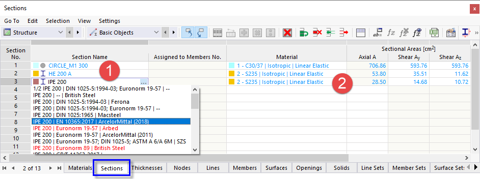 Defining IPE 200 in Table "Sections"