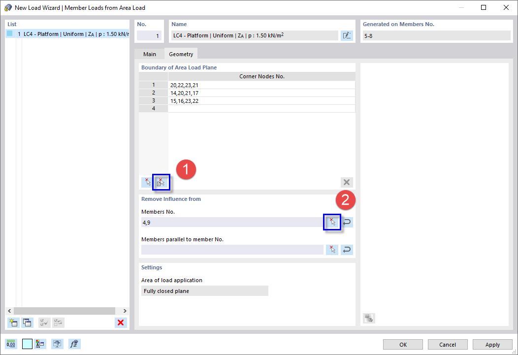 Tab 'Geometry' with Functions to Graphically Define Load Area