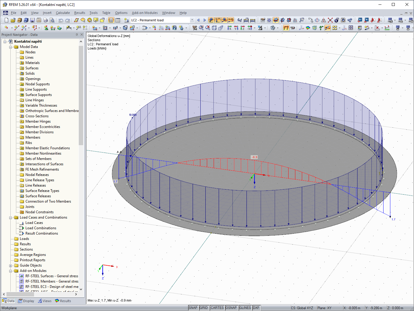 FAQ 005030 | When solving a foundation slab under a circular tank, I do not see the contact stress in the middle of the surface. Why?