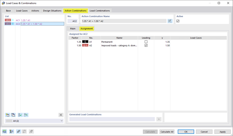 Tab 'Action Combinations' and Subtab 'Assignment' Showing Actions and Safety Factors of AC2