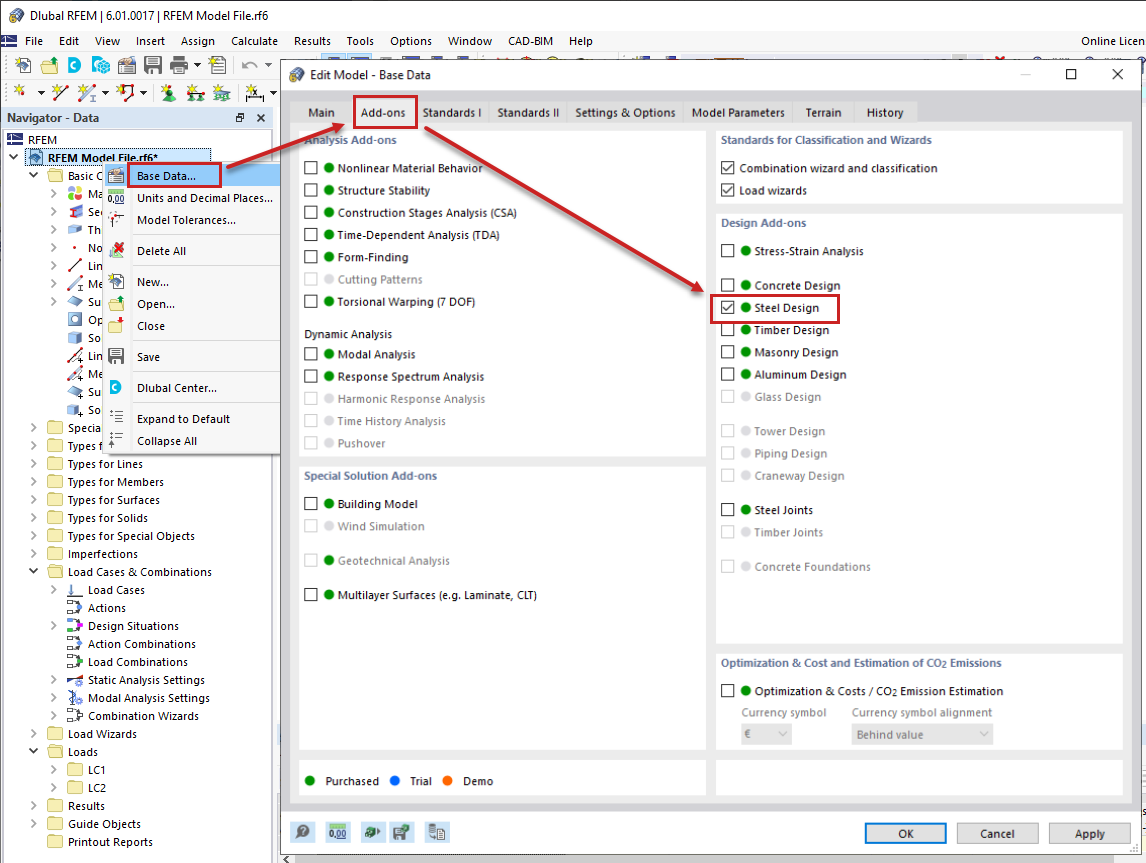 FAQ 005039 | How do I open an add-on module for steel, timber, or concrete design (and others)?