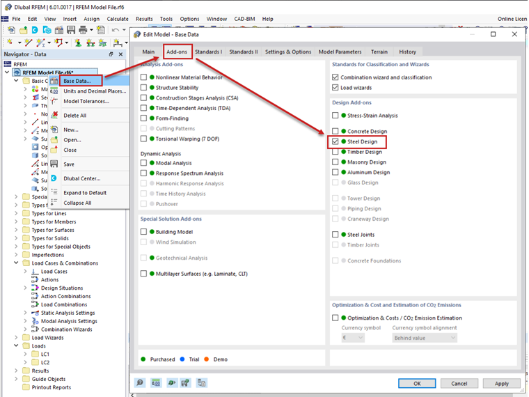 FAQ 005039 | How do I open an add-on module for steel, timber, or concrete design (and others)?