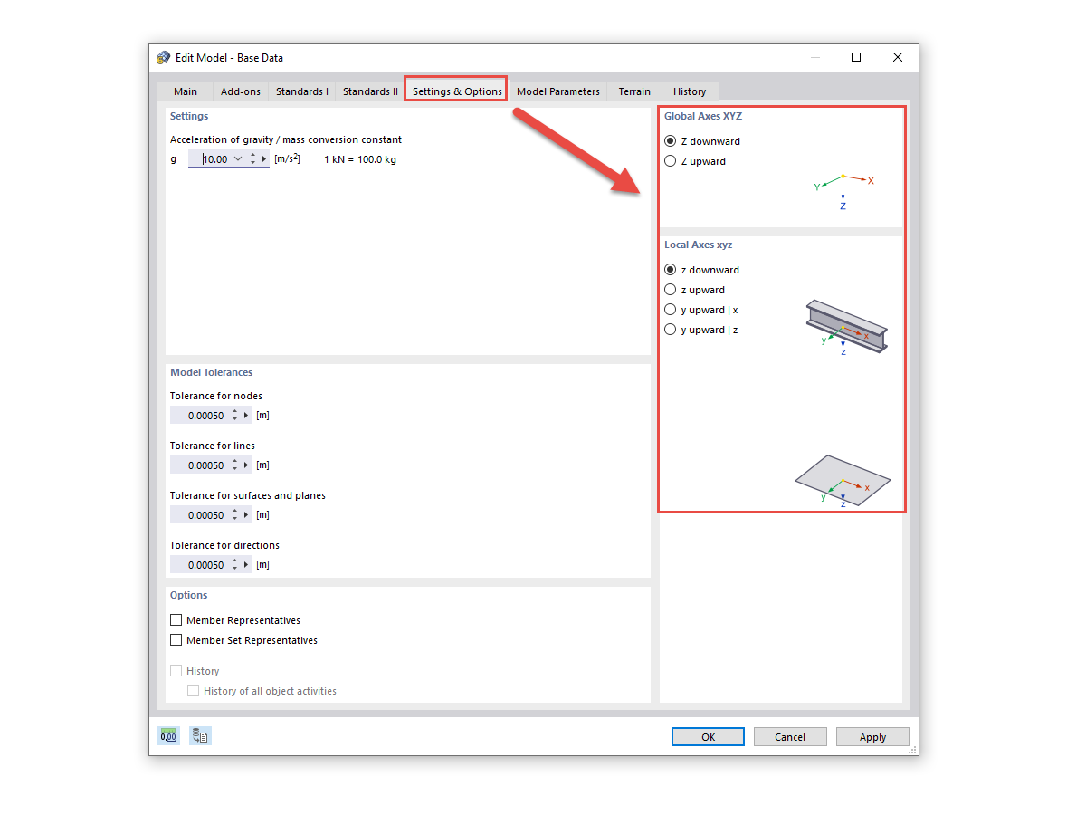 FAQ 005046 | Where in the program can I set whether the global Z-axis and the local axes should be directed downwards or upwards?