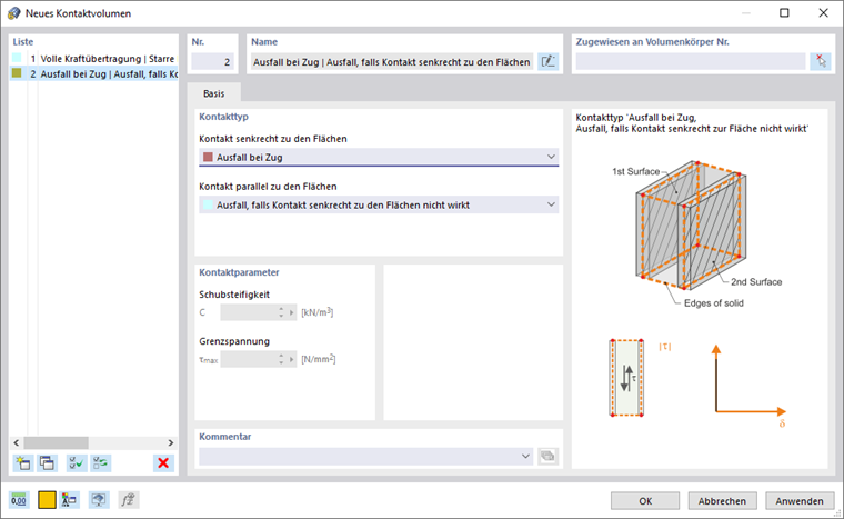 The dialog box shows settings for new contact solids in structures. Parameters relevant for friction and contact behavior of solids are edited.
