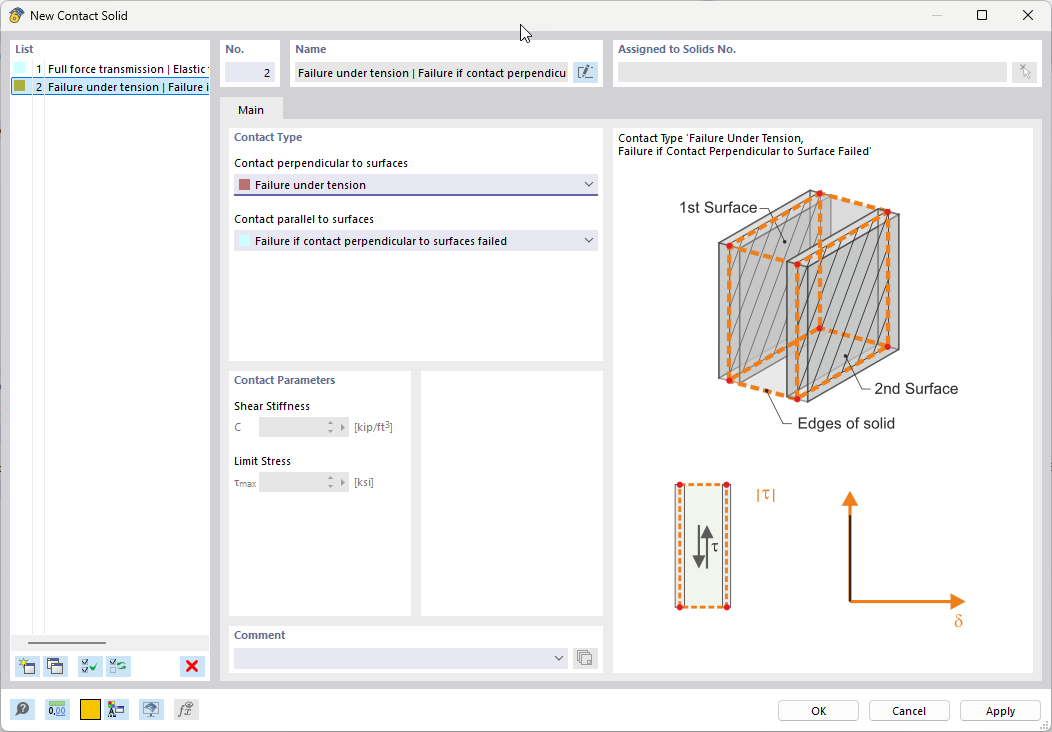 The dialog box shows settings for new contact solids in structures. Parameters relevant for friction and contact behavior of solids are edited.
