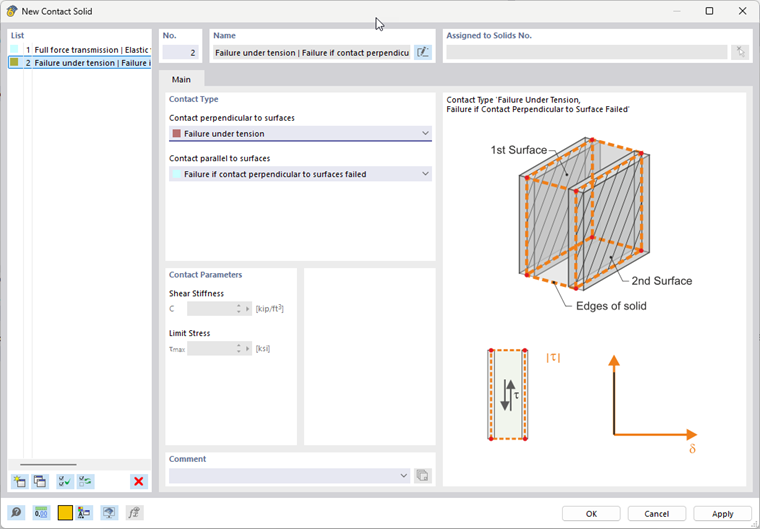 The dialog box shows settings for new contact solids in structures. Parameters relevant for friction and contact behavior of solids are edited.