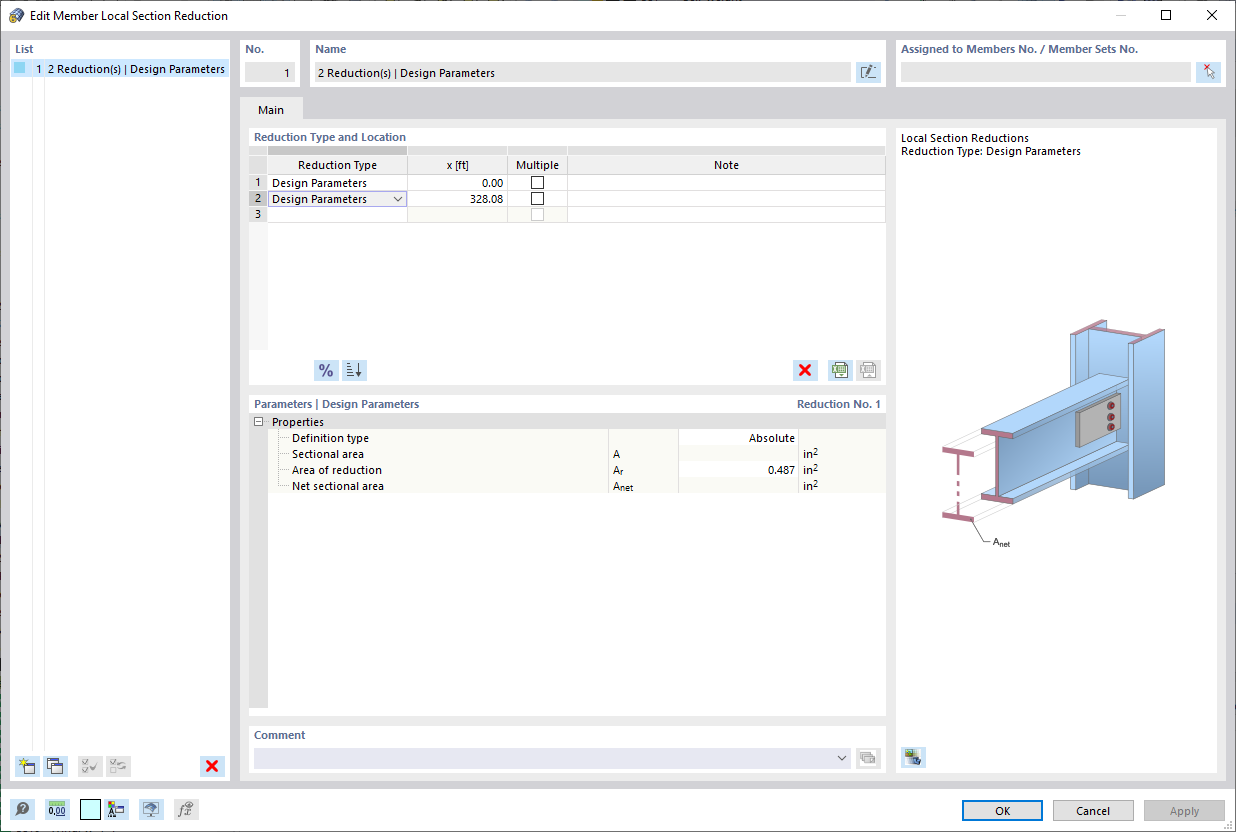 Dialog box for entering local member cross-section reductions in the steel design.
