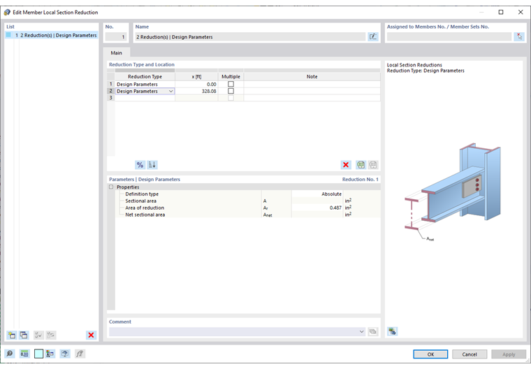 Dialog box for entering local member cross-section reductions in the steel design.