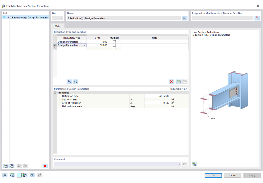 Dialog box for entering local member cross-section reductions in the steel design.