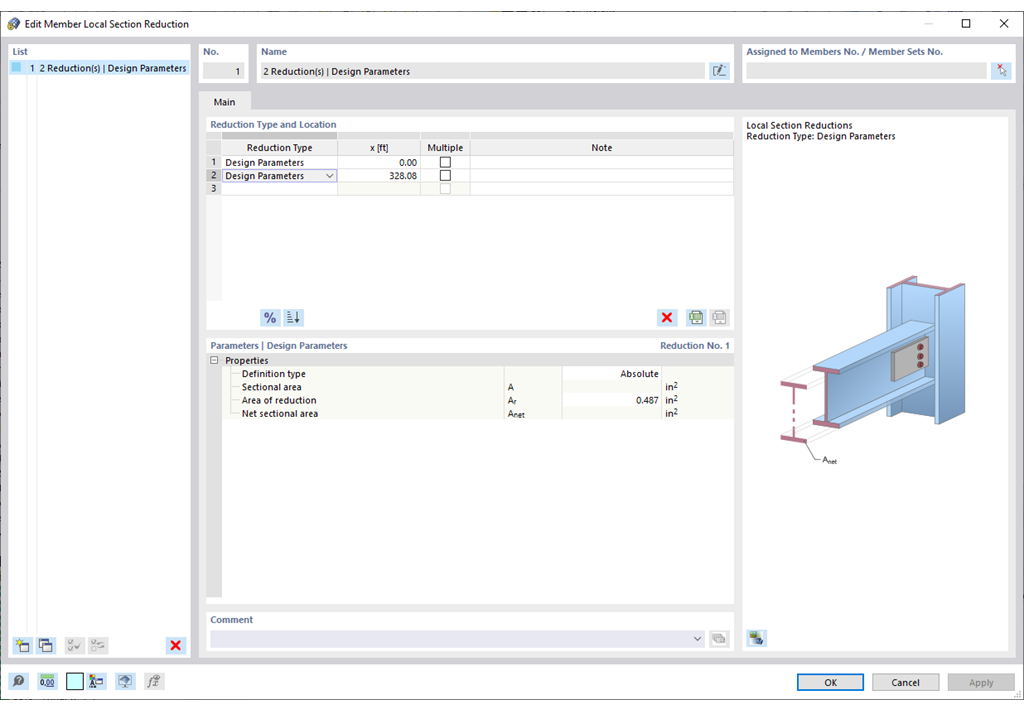 Dialog box for entering local member cross-section reductions in the steel design.