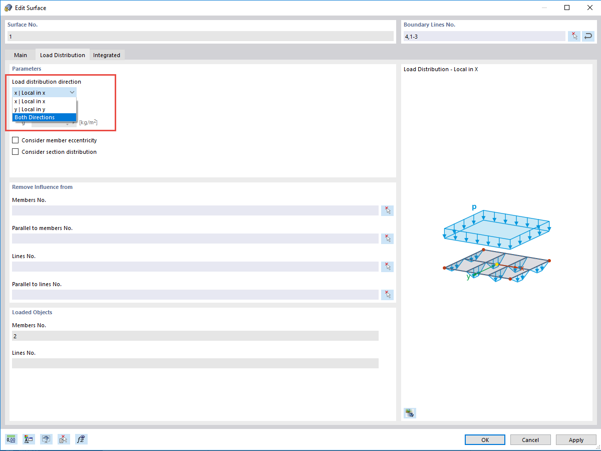 FAQ 005057 | I have a girder grid with members in the X- and Y-directions. After applying a load using the 'Load Distribution' surface type, the members are only loaded in one direction.