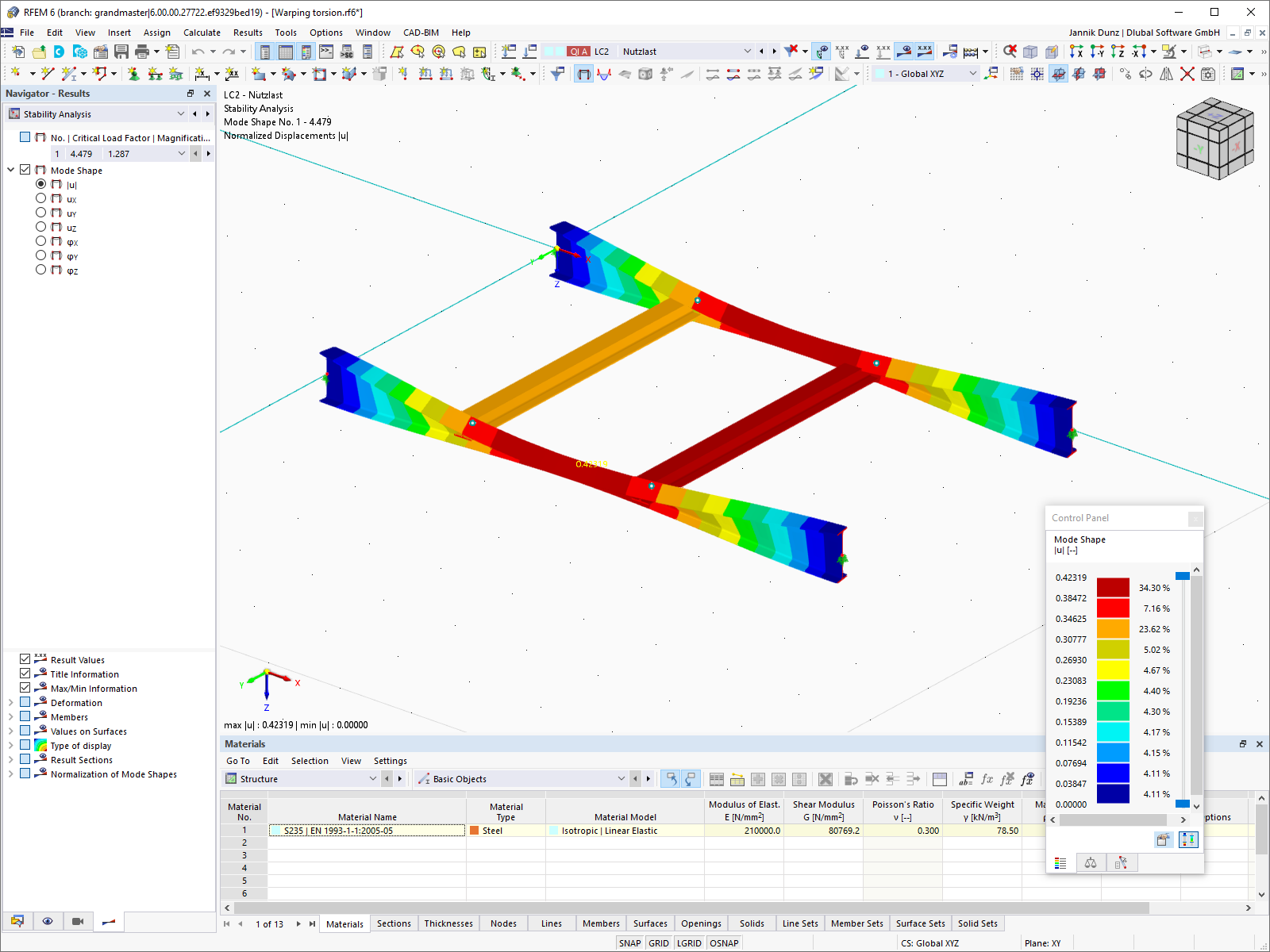 Display of a mode shape for the analysis of lateral-torsional buckling.
