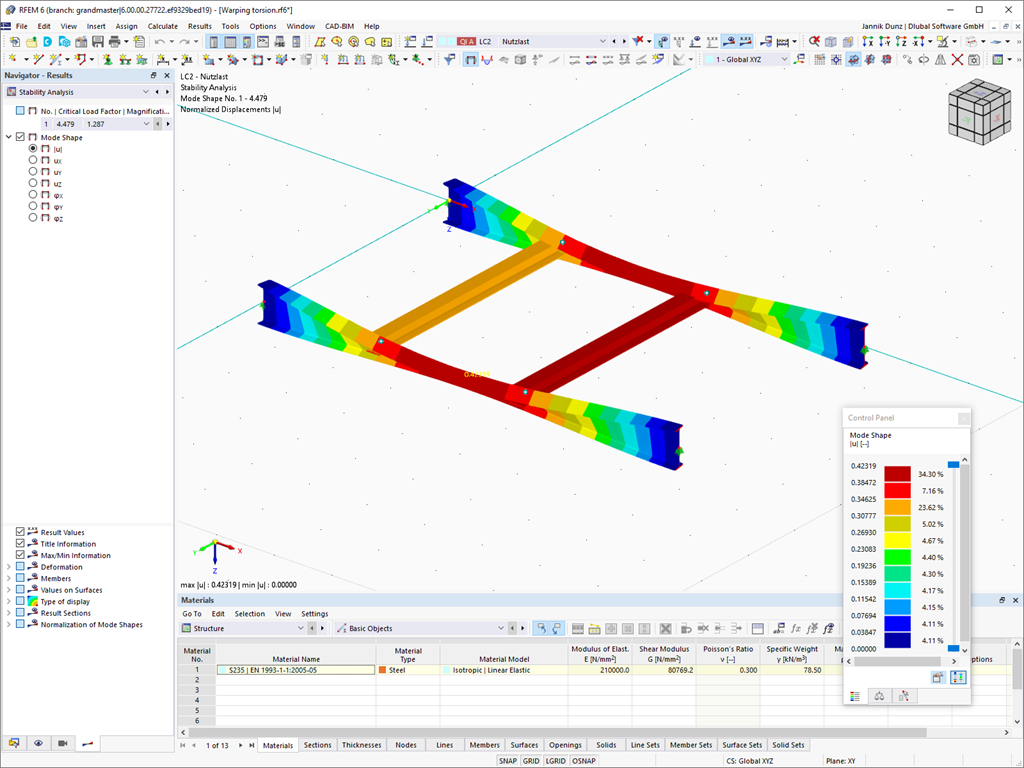 Display of a mode shape for the analysis of lateral-torsional buckling.