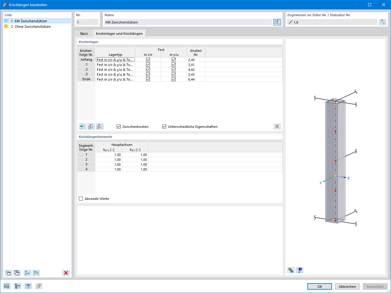 Definition of effective lengths for the stability analysis in aluminum design, with a nodal support and effective length factors setting.