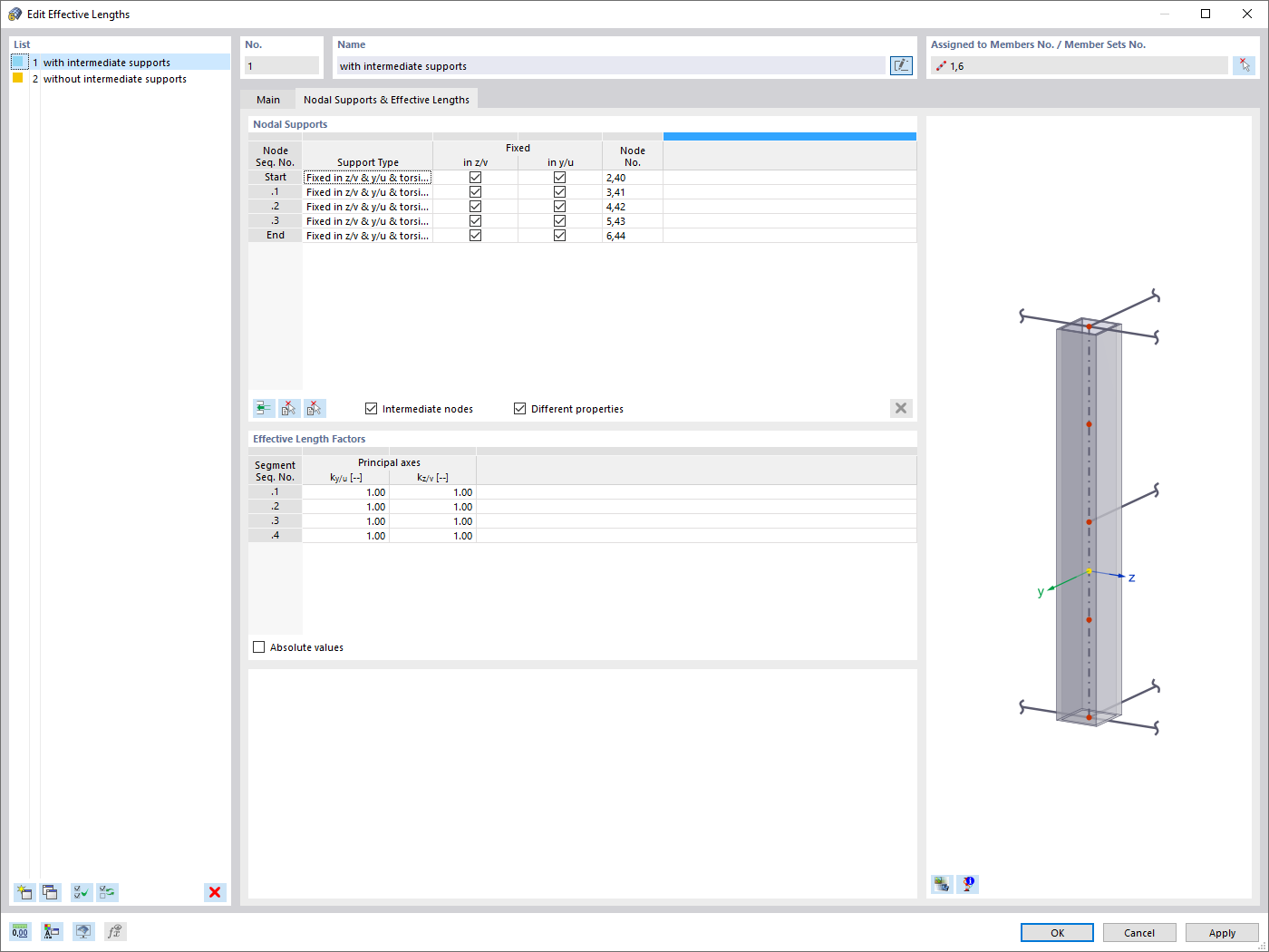 Definition of effective lengths for the stability analysis in aluminum design, with a nodal support and effective length factors setting.