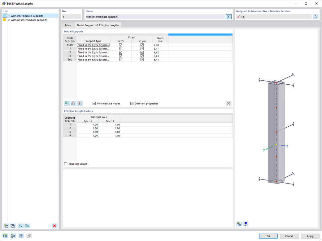 Definition of effective lengths for the stability analysis in aluminum design, with a nodal support and effective length factors setting.