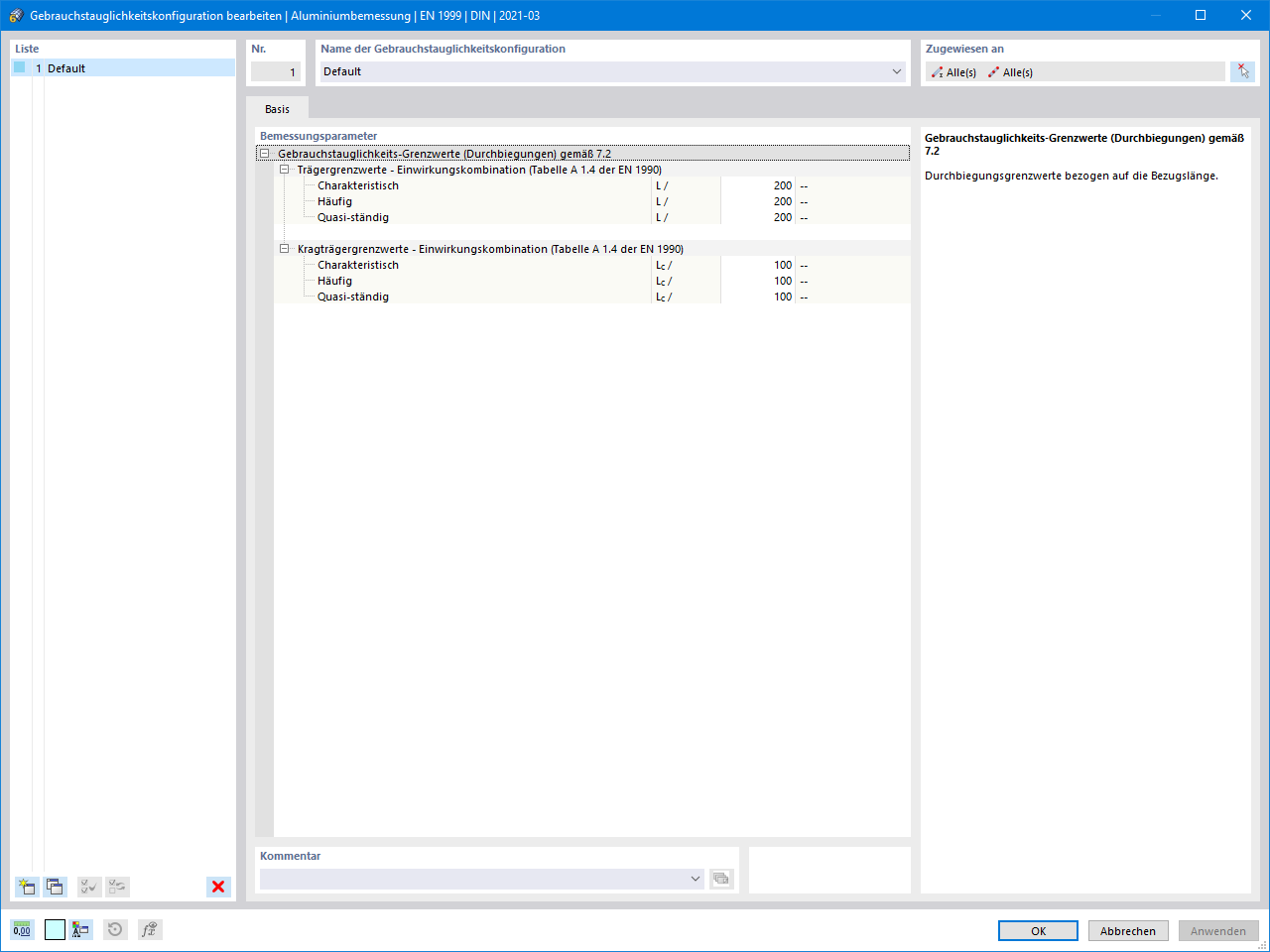 Configuration settings for the design of aluminum elements.