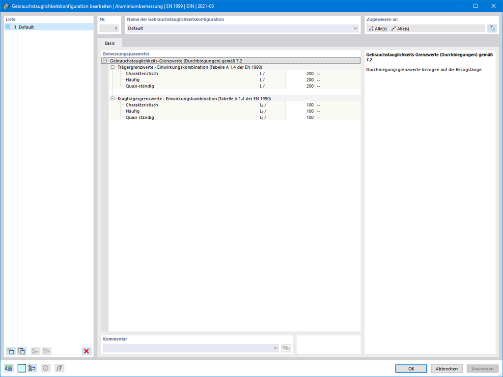 Configuration settings for the design of aluminum elements.