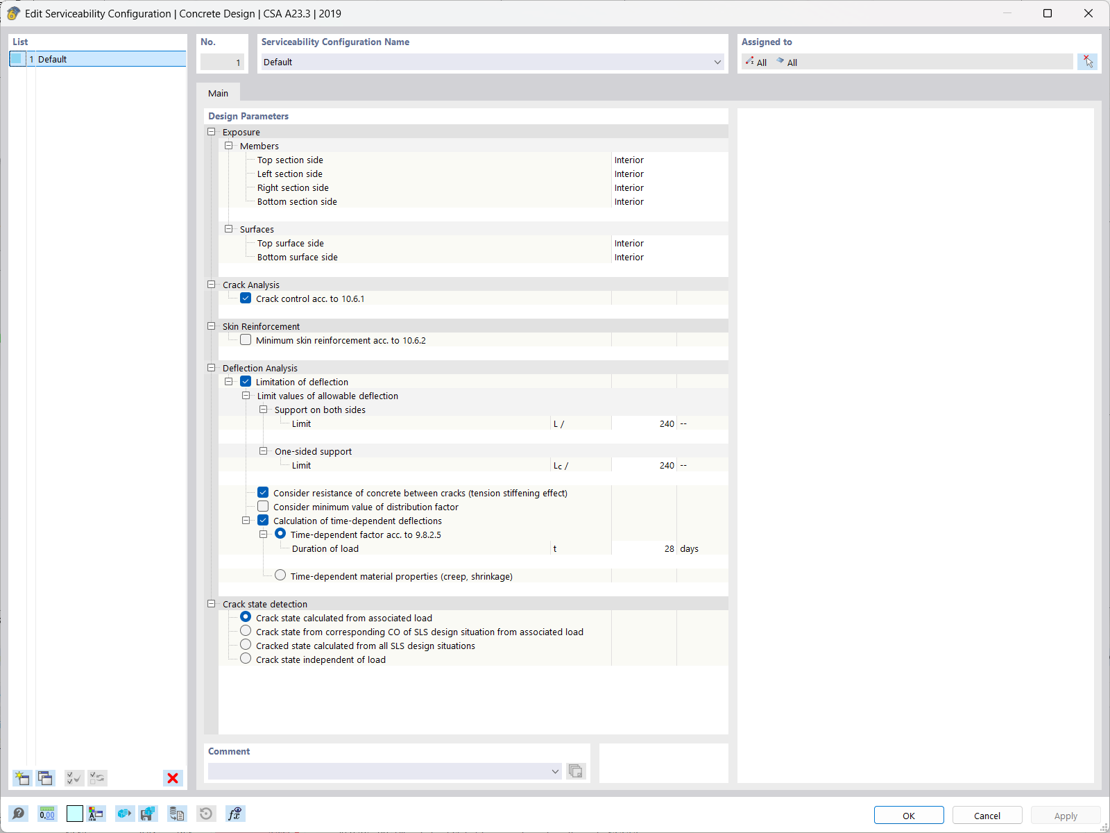 View of the serviceability configuration for concrete deformation in the RFEM 6 environment.