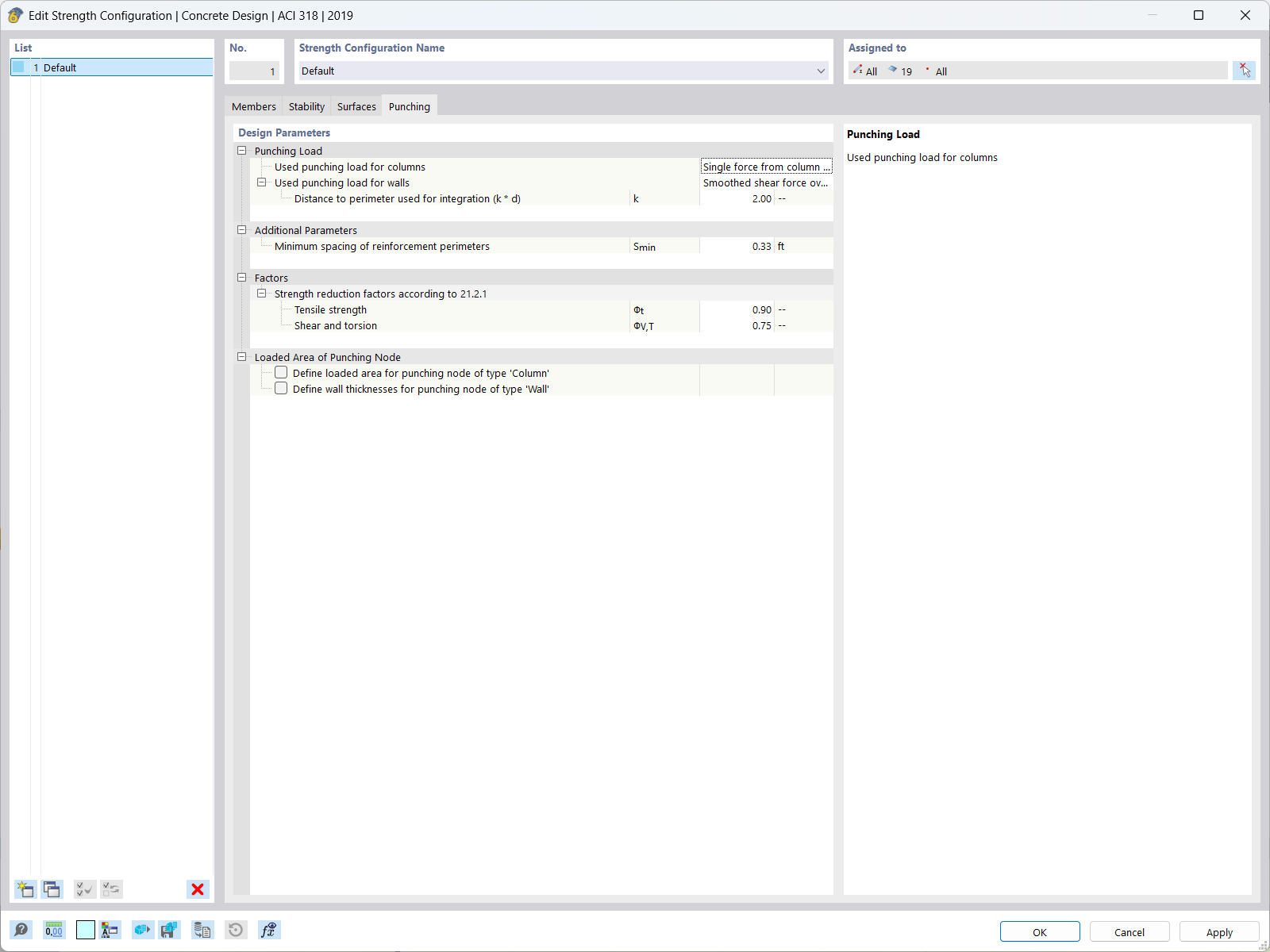 Configuration interface for the punching shear design of concrete in RFEM.