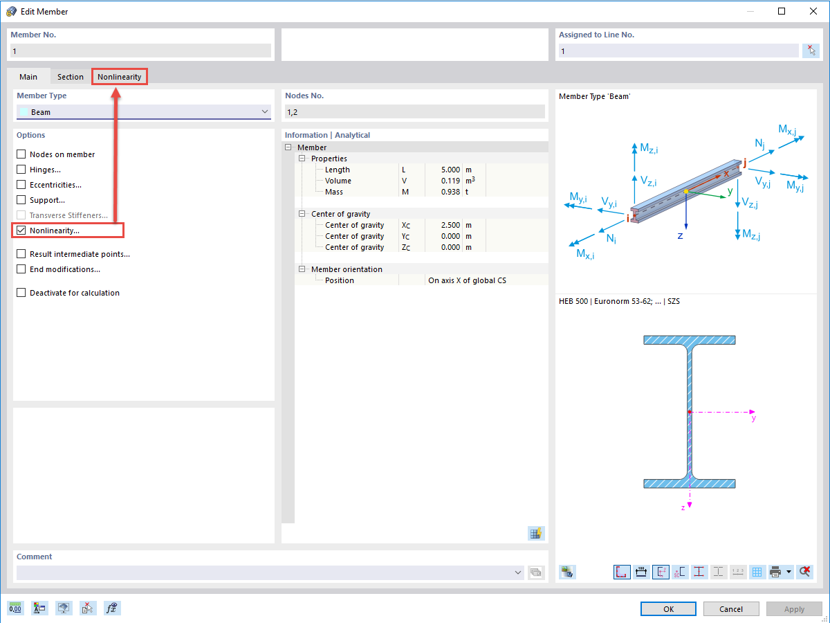 FAQ 005060 | Is it possible to define member nonlinearities for beam members? For example, can I define a member that absorbs all internal forces, except for the compressive axial forces?