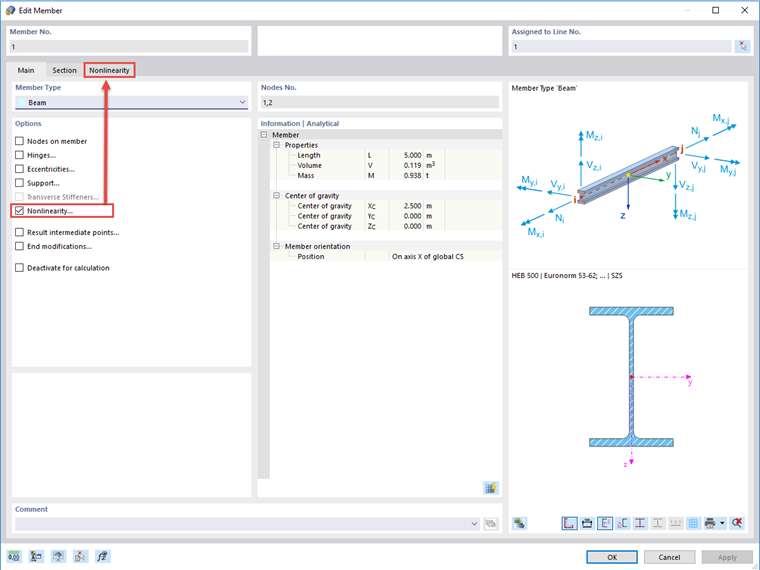 FAQ 005060 | Is it possible to define member nonlinearities for beam members? For example, can I define a member that absorbs all internal forces, except for the compressive axial forces?