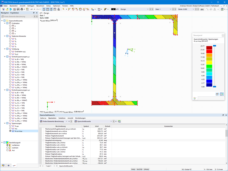 Tabular display of cross-section properties and graphical stress distribution for a general cross-section design.