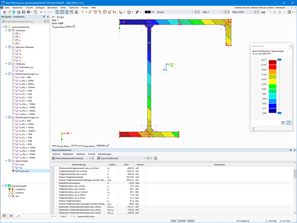 Tabular display of cross-section properties and graphical stress distribution for a general cross-section design.