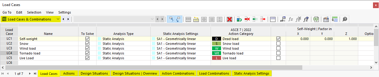 Load Cases and Combinations in Table