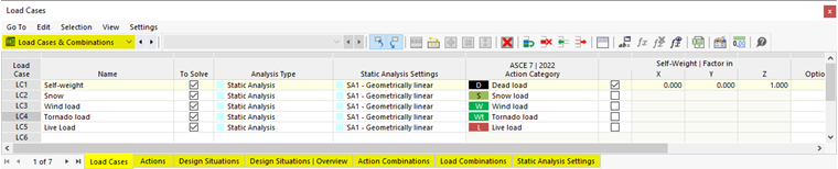 Load Cases and Combinations in Table