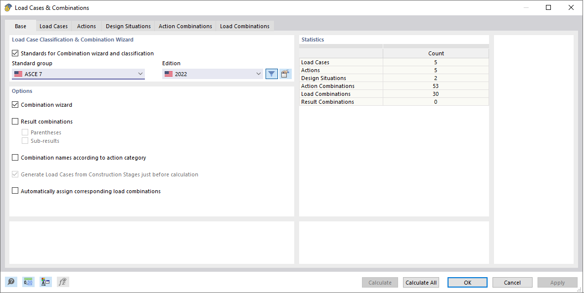 Dialog Box "Load Cases and Combinations", Tab "Main"