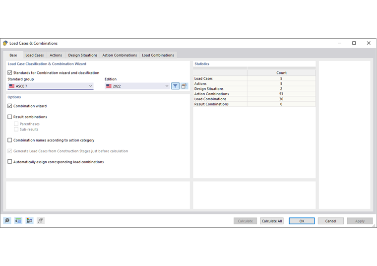 Dialog Box "Load Cases and Combinations", Tab "Main"